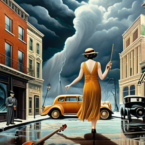 Home 16 **
A surreal painting depicting iconic 1920s landmarks dissolving into earlier historical periods due to the "Storm" in Reverse: 1999. Flapper dresses, jazz instruments, and temporal anomalies should be visible.
**