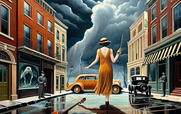 **
A surreal painting depicting iconic 1920s landmarks dissolving into earlier historical periods due to the "Storm" in Reverse: 1999. Flapper dresses, jazz instruments, and temporal anomalies should be visible.
**