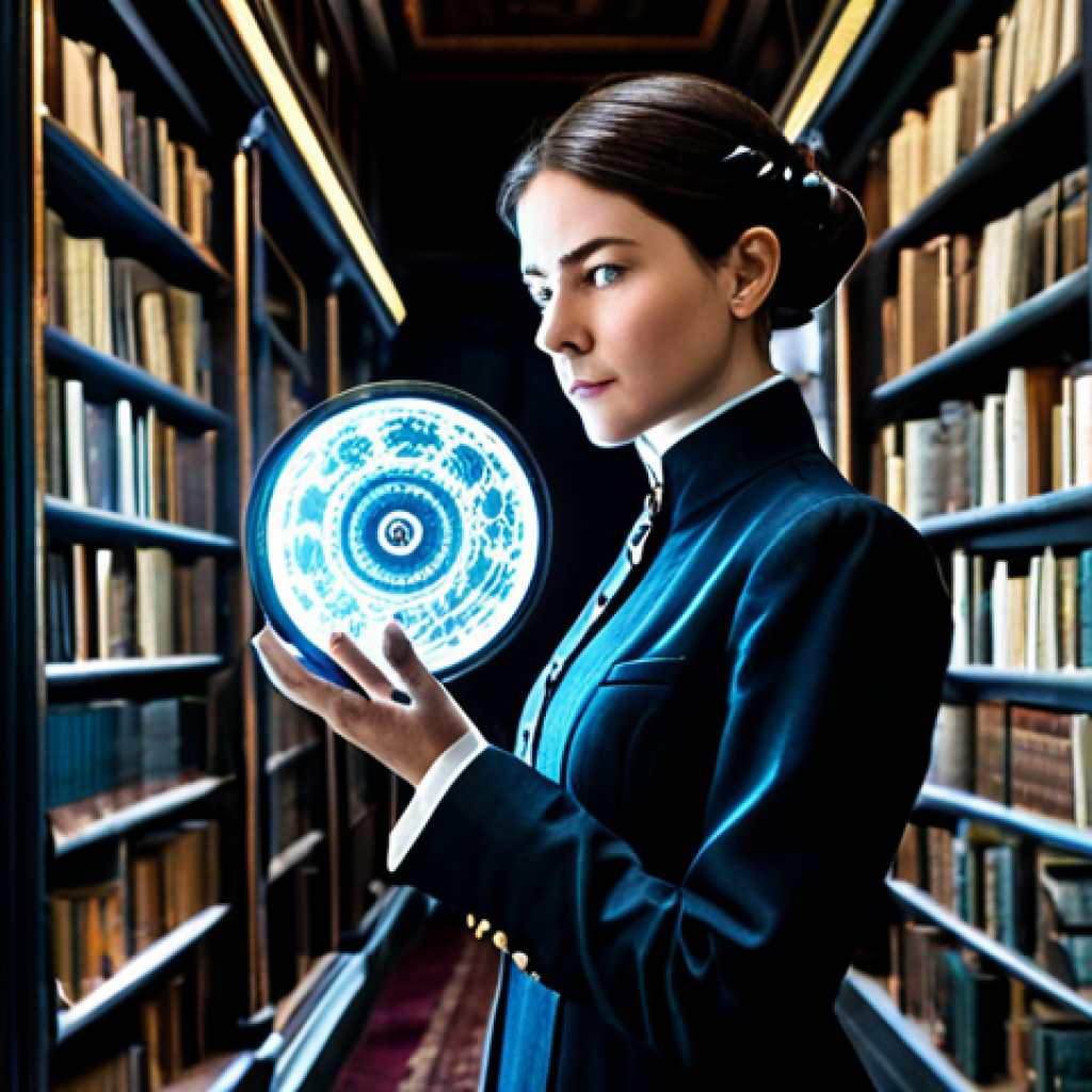 A professional and elegant female Arcanist, wearing a modest, dark, anachronistic period suit with subtle magical embroideries, stands poised and thoughtful in a grand, time-bending library. Ancient tomes float around her, intermingled with glowing digital clockwork gears and ethereal energy wisps. She gazes intently, holding a single, shimmering 'Clear Drop' currency in her hand, symbolizing resource management. Fully clothed, appropriate attire, safe for work, perfect anatomy, natural pose, well-formed hands, correct proportions, professional photography, high quality, family-friendly.
