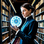A professional and elegant female Arcanist, wearing a modest, dark, anachronistic period suit with subtle magical embroideries, stands poised and thoughtful in a grand, time-bending library. Ancient tomes float around her, intermingled with glowing digital clockwork gears and ethereal energy wisps. She gazes intently, holding a single, shimmering 'Clear Drop' currency in her hand, symbolizing resource management. Fully clothed, appropriate attire, safe for work, perfect anatomy, natural pose, well-formed hands, correct proportions, professional photography, high quality, family-friendly.