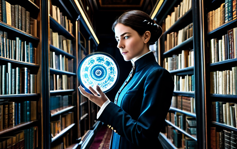 A professional and elegant female Arcanist, wearing a modest, dark, anachronistic period suit with subtle magical embroideries, stands poised and thoughtful in a grand, time-bending library. Ancient tomes float around her, intermingled with glowing digital clockwork gears and ethereal energy wisps. She gazes intently, holding a single, shimmering 'Clear Drop' currency in her hand, symbolizing resource management. Fully clothed, appropriate attire, safe for work, perfect anatomy, natural pose, well-formed hands, correct proportions, professional photography, high quality, family-friendly.