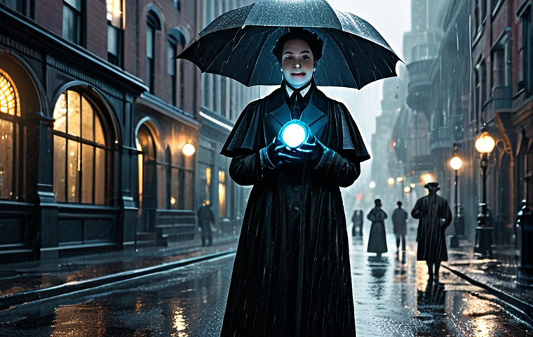 Eternity - Laughter in the Rain**
"Eternity, a powerful Arcanist, standing confidently in a rain-slicked cityscape, fully clothed in Victorian-era attire, appropriate content, safe for work, holding a glowing orb that reflects the city lights, perfect anatomy, natural proportions, professional digital art, high quality, her expression determined, dramatic lighting emphasizing the rain, modest."
**