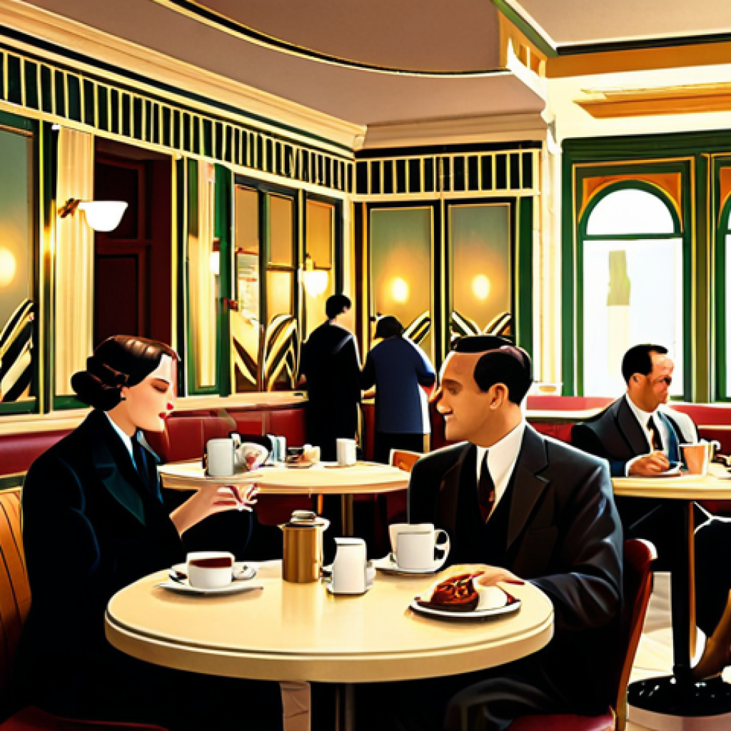 Art Deco Cafe Scene**

"A cozy cafe interior, bathed in warm light, Art Deco style, patrons fully clothed in 1920s inspired modest fashion, jazz music playing softly, tables with coffee cups and pastries, safe for work, appropriate content, professional digital art, perfect anatomy, correct proportions, family-friendly, fully clothed, detailed background, high quality, natural pose."

**