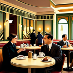 Art Deco Cafe Scene**

"A cozy cafe interior, bathed in warm light, Art Deco style, patrons fully clothed in 1920s inspired modest fashion, jazz music playing softly, tables with coffee cups and pastries, safe for work, appropriate content, professional digital art, perfect anatomy, correct proportions, family-friendly, fully clothed, detailed background, high quality, natural pose."

**