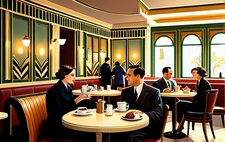 Art Deco Cafe Scene**
"A cozy cafe interior, bathed in warm light, Art Deco style, patrons fully clothed in 1920s inspired modest fashion, jazz music playing softly, tables with coffee cups and pastries, safe for work, appropriate content, professional digital art, perfect anatomy, correct proportions, family-friendly, fully clothed, detailed background, high quality, natural pose."
**