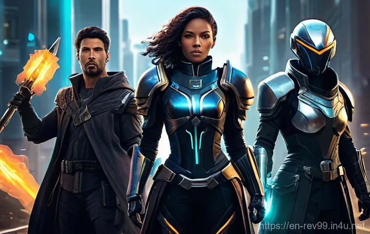 리버스 1999 업데이트 후 새로운 전략 - **A New Arcanist Team in Action**: A dynamic, epic shot of a diverse team of three Arcanists prepari...