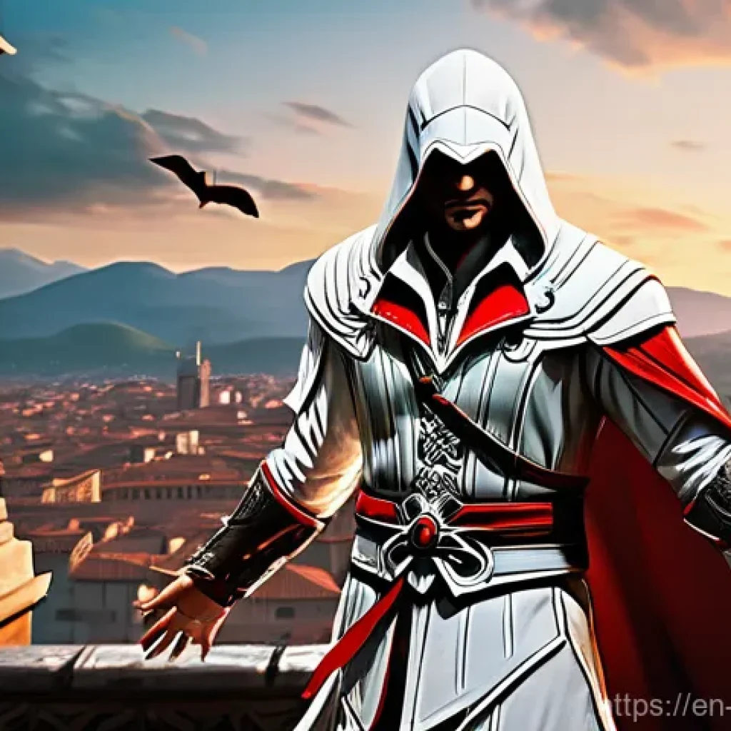 리버스 1999 신규 클래스 스포일러 - A highly detailed, full-body portrait of Ezio Auditore da Firenze, set against a backdrop hinting at...