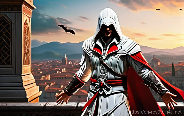 리버스 1999 신규 클래스 스포일러 - A highly detailed, full-body portrait of Ezio Auditore da Firenze, set against a backdrop hinting at...