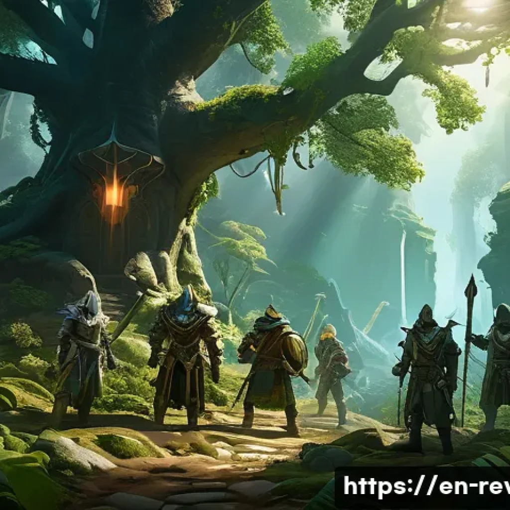 리버스 1999 효율적인 육성 공략 - A dynamic fantasy RPG scene showing a diverse adventuring party exploring a mysterious ancient fores...