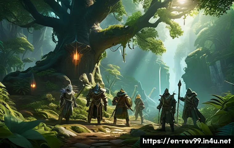 리버스 1999 효율적인 육성 공략 - A dynamic fantasy RPG scene showing a diverse adventuring party exploring a mysterious ancient fores...