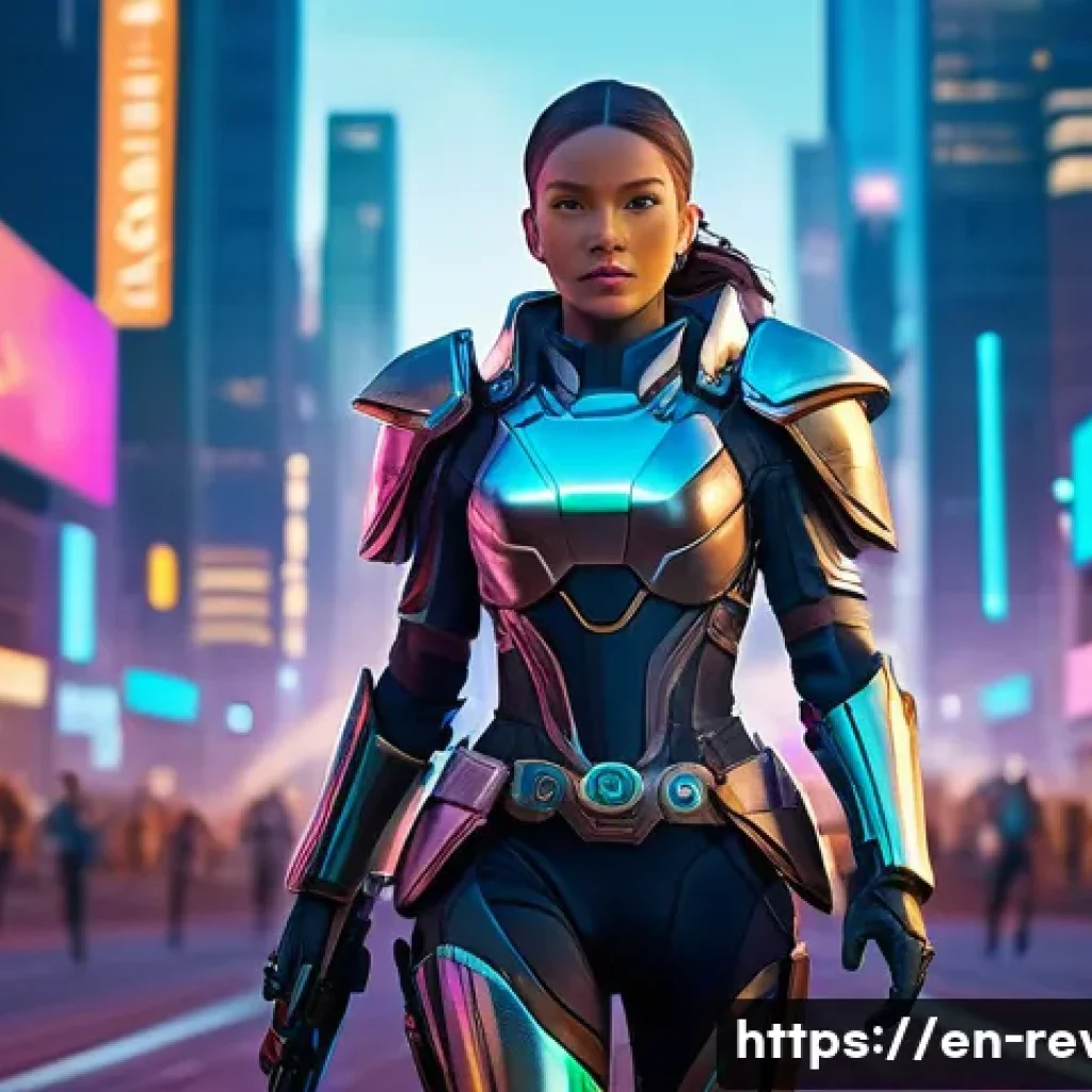 리버스 1999 신규 플레이어 지원 이벤트 - A dynamic fantasy RPG character leveling up in a vibrant, futuristic cityscape at dusk, glowing expe...