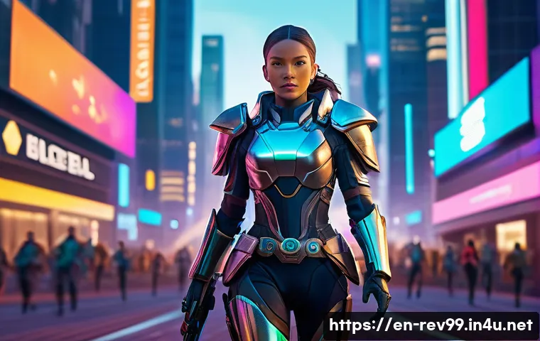 리버스 1999 신규 플레이어 지원 이벤트 - A dynamic fantasy RPG character leveling up in a vibrant, futuristic cityscape at dusk, glowing expe...