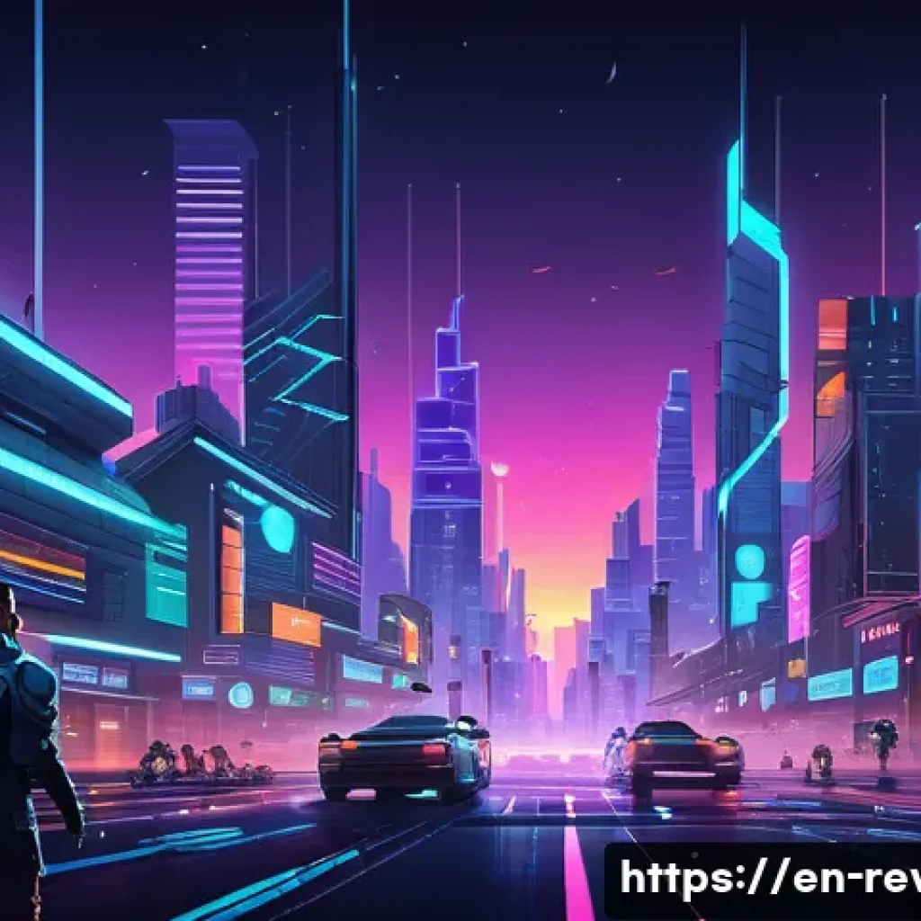리버스 1999 유저의 경험 공유 - A futuristic cityscape at dusk blending retro pixel art with sleek modern neon lighting, featuring d...