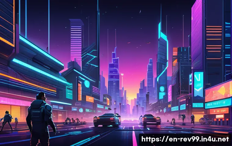 리버스 1999 유저의 경험 공유 - A futuristic cityscape at dusk blending retro pixel art with sleek modern neon lighting, featuring d...