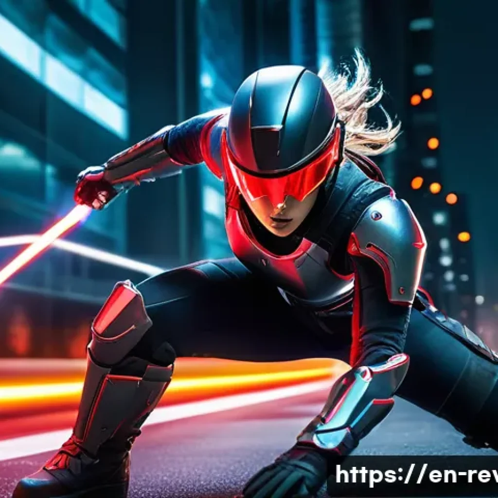 리버스 1999 최고의 PvP 캐릭터 - A fierce, agile female warrior clad in sleek, futuristic armor with glowing red accents, executing a...