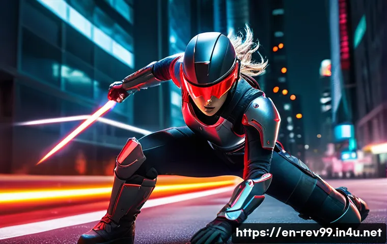 리버스 1999 최고의 PvP 캐릭터 - A fierce, agile female warrior clad in sleek, futuristic armor with glowing red accents, executing a...