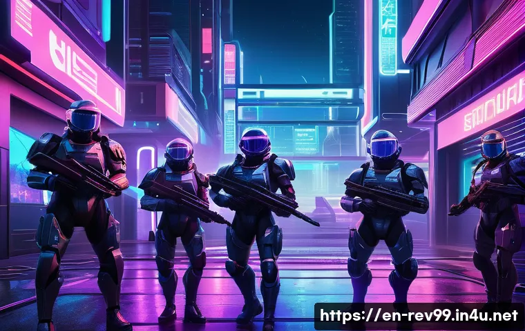 리버스 1999 최고의 유저 리뷰 - A dynamic futuristic battle scene set in a neon-lit urban environment with retro-futuristic architec...