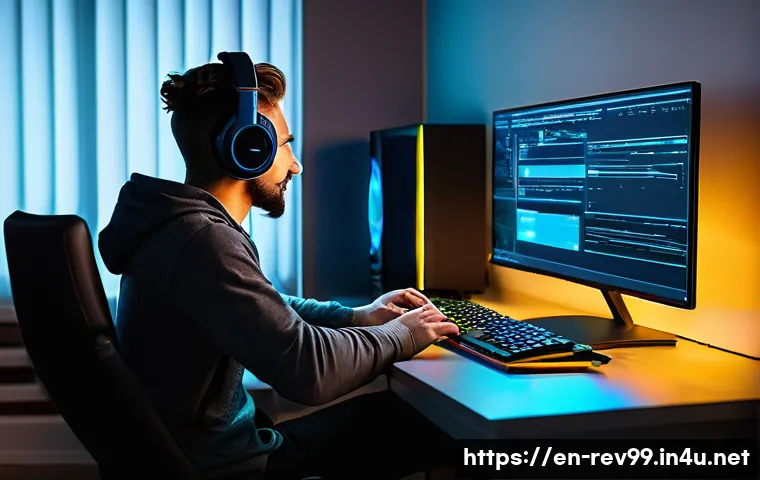 리버스 1999 접속 오류 해결 방법 - A modern gaming setup in a cozy room illuminated by RGB lighting, featuring a high-end PC with dual ...