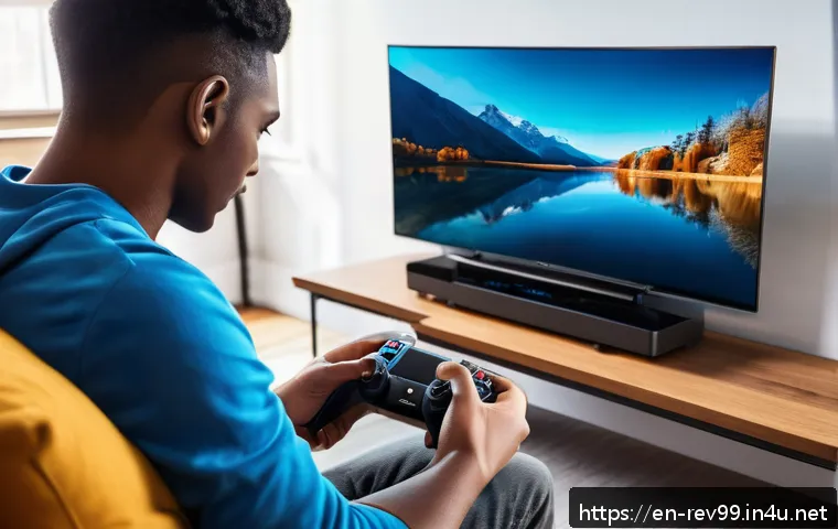 리버스 1999 모바일 호환성 테스트 - A modern mobile gamer sitting comfortably on a cozy couch in a well-lit living room, holding a high-...