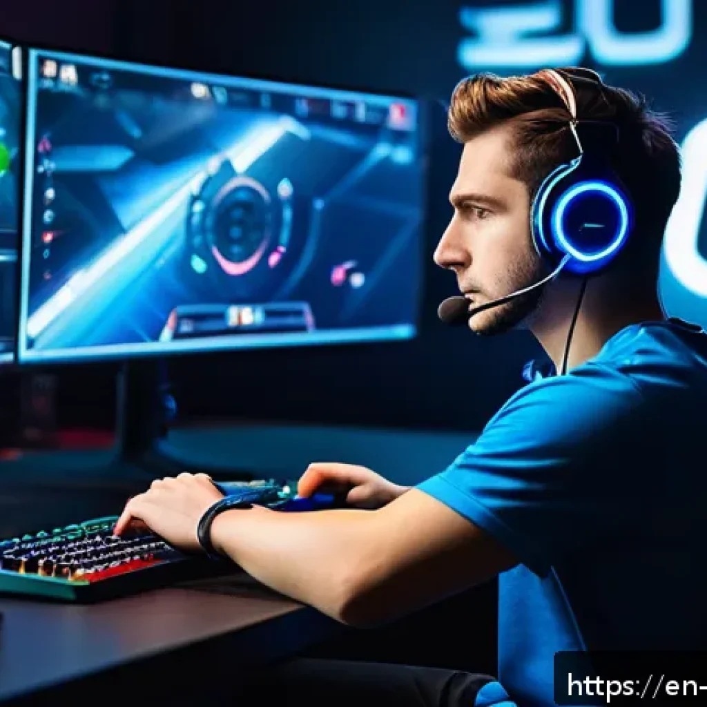 리버스 1999 최고 유저의 인터뷰 - A focused professional esports player in a modern gaming arena, sitting confidently at a high-end ga...