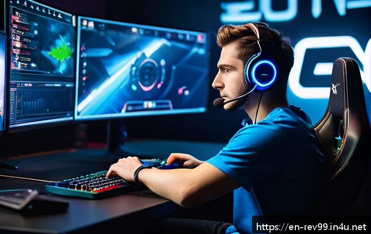 리버스 1999 최고 유저의 인터뷰 - A focused professional esports player in a modern gaming arena, sitting confidently at a high-end ga...