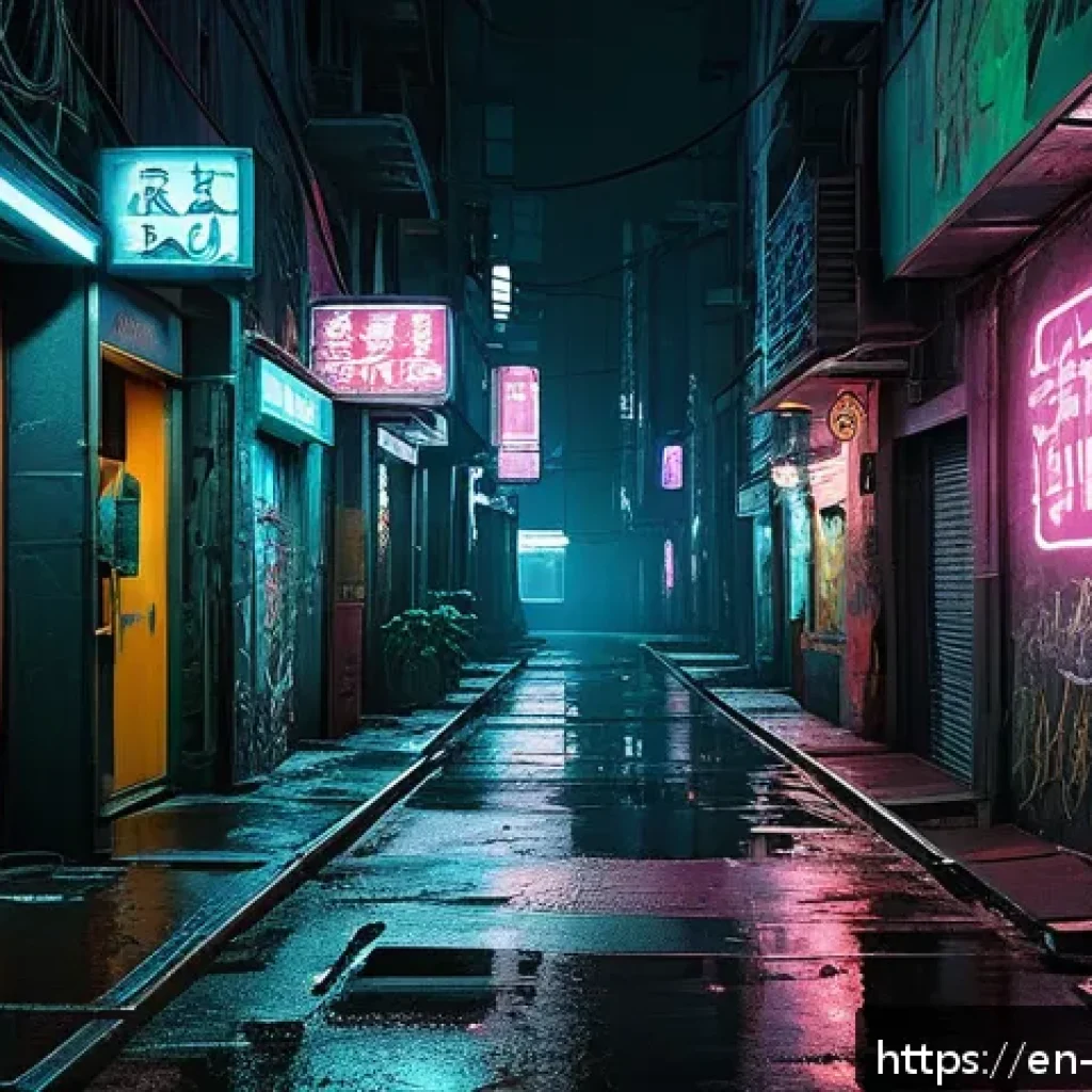 리버스 1999 설정 백과사전 - A futuristic urban alleyway at night blending retro and cyberpunk aesthetics, neon signs flickering ...