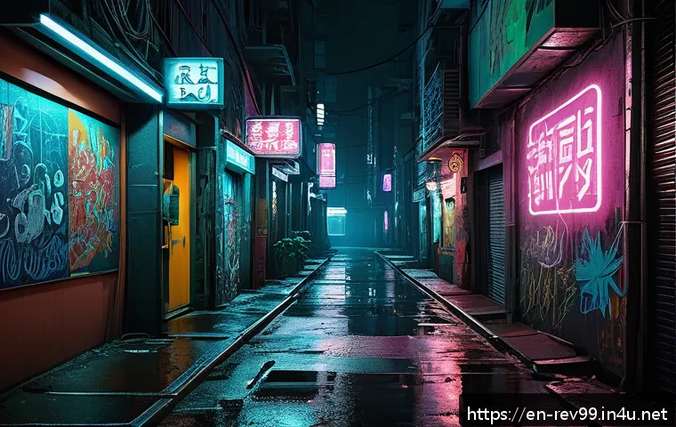 리버스 1999 설정 백과사전 - A futuristic urban alleyway at night blending retro and cyberpunk aesthetics, neon signs flickering ...