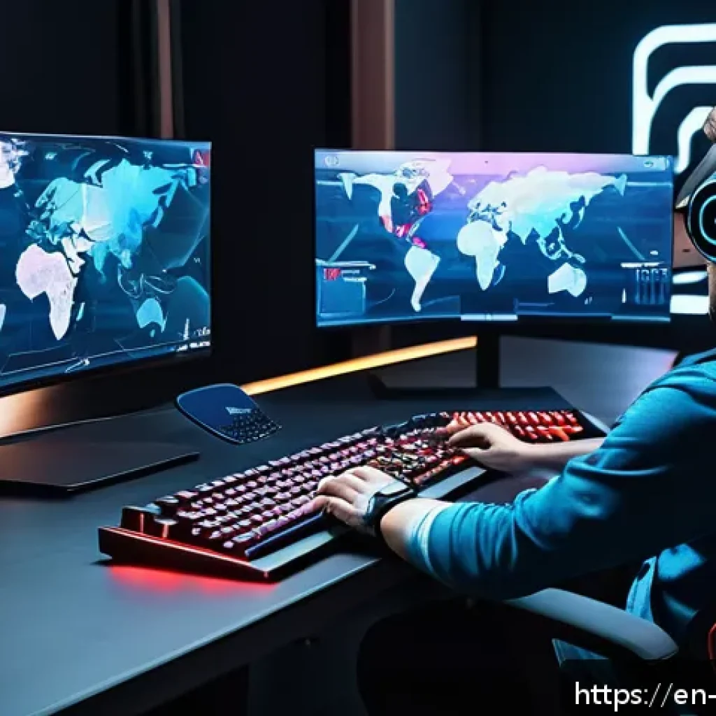 리버스 1999 최신 공략 비디오 - A dynamic esports scene featuring a skilled gamer intensely focused on a futuristic game interface, ...