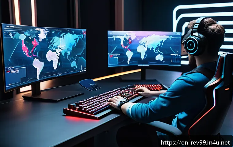 리버스 1999 최신 공략 비디오 - A dynamic esports scene featuring a skilled gamer intensely focused on a futuristic game interface, ...