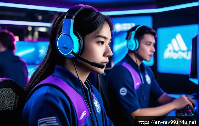 리버스 1999 최고 레벨 유저 공략 - A dynamic esports scene showcasing a diverse team of skilled gamers intensely focused in a high-tech...