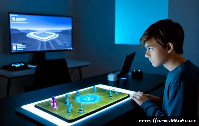 리버스 1999 캐릭터 AI 로직 - Photorealistic game design workspace, a thoughtful young AI developer studying a futuristic tabletop...