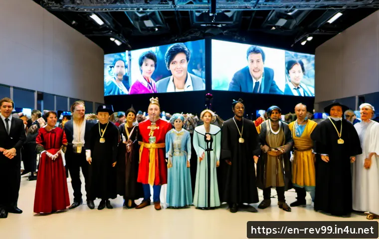 리버스 1999 글로벌 팬 이벤트 - Photorealistic global fantasy game fan event in a spacious modern convention hall, diverse adult fan...