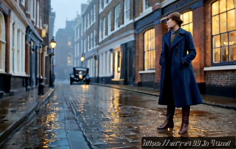 리버스 1999 세계관 심층 탐구 - Photorealistic cinematic alternate-history city street in 1920s London, a poised young female time t...