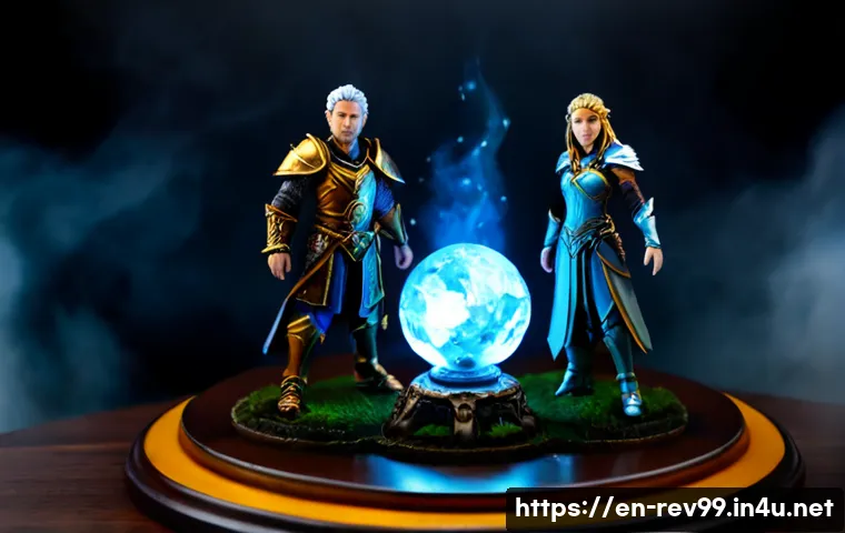 리버스 1999 속성별 최강 조합 - Photorealistic tabletop strategy scene showing a powerful four-person fantasy team arrangement, an e...
