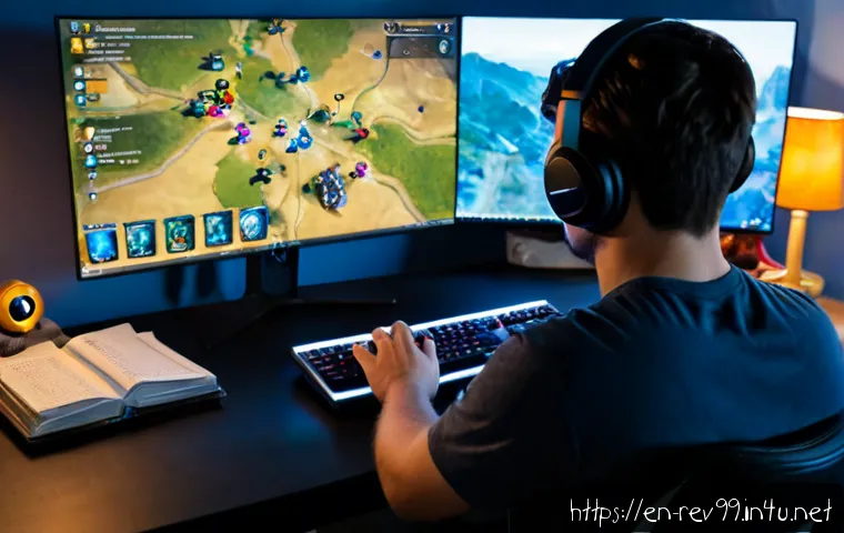 리버스 1999 최고 레벨 유저의 공략 - Photorealistic over-the-shoulder view of an experienced strategy gamer at a clean home desk, studyin...